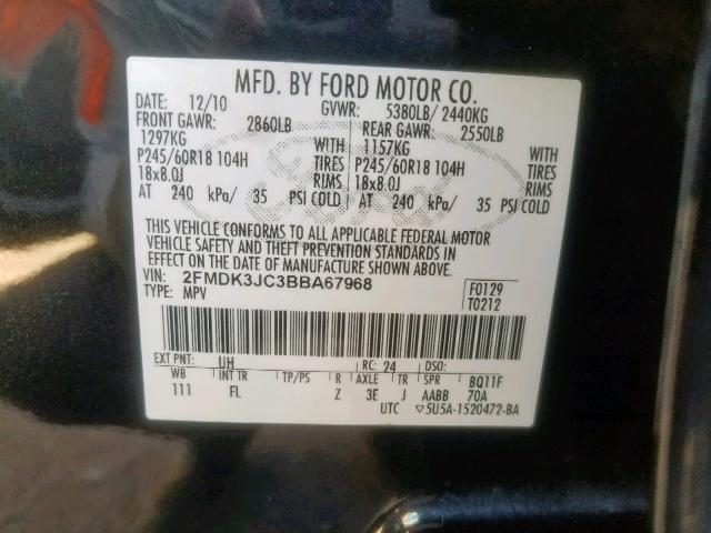 2FMDK3JC3BBA67968 - 2011 FORD EDGE SEL BLACK photo 10