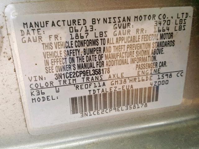 3N1CE2CP9EL358178 - 2014 NISSAN VERSA NOTE GRAY photo 10