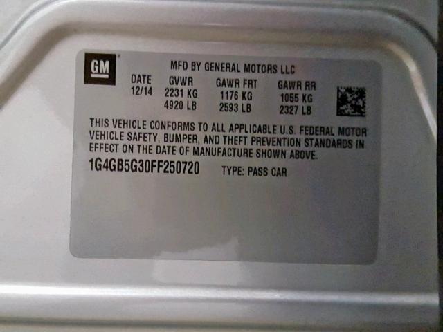 1G4GB5G30FF250720 - 2015 BUICK LACROSSE SILVER photo 10