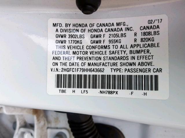 2HGFC1F79HH643662 - 2017 HONDA CIVIC EXL 白色 照片 10