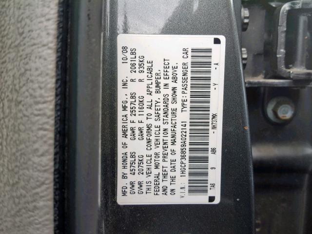 1HGCP36859A022141 - 2009 HONDA ACCORD EXL GRAY photo 10