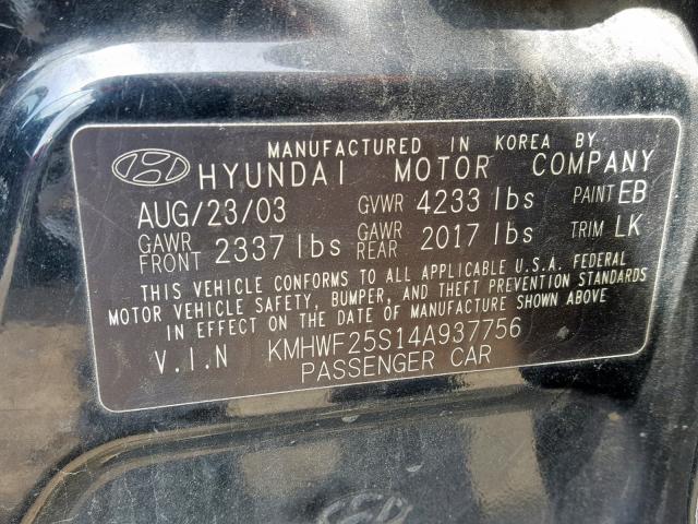 KMHWF25S14A937756 - 2004 HYUNDAI SONATA GL BLACK photo 10