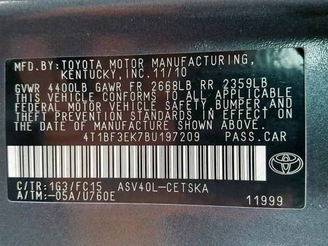 4T1BF3EK7BU197209 - 2011 TOYOTA CAMRY BASE CHARCOAL photo 10