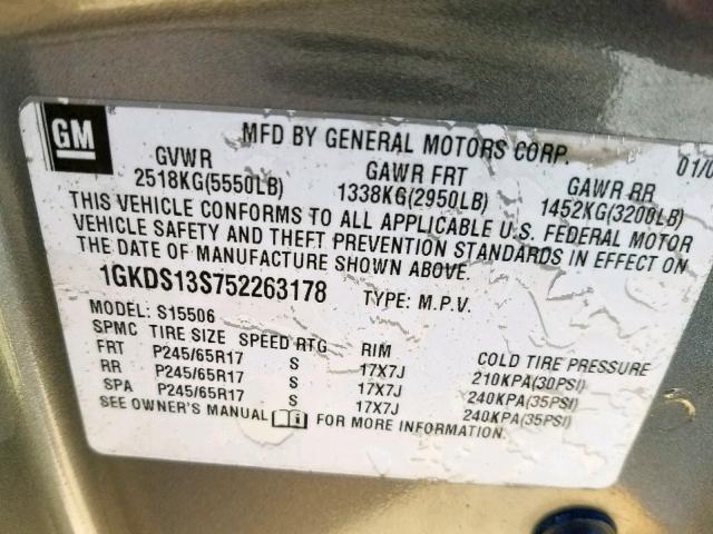 1GKDS13S752263178 - 2005 GMC ENVOY GRAY photo 10