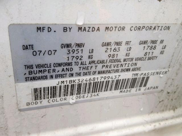 JM1BK324681799437 - 2008 MAZDA 3 S WHITE photo 10