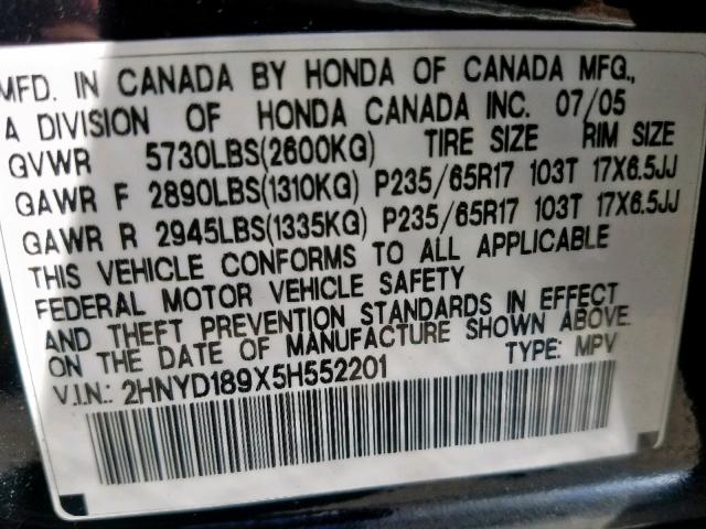 2HNYD189X5H552201 - 2005 ACURA MDX TOURIN BLACK photo 10