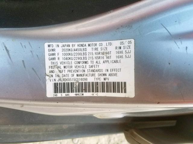 JHLRD68515C016098 - 2005 HONDA CR-V LX SILVER photo 10