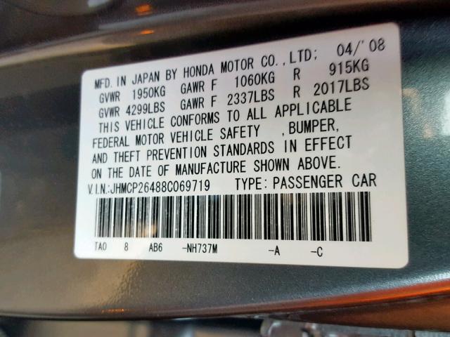 JHMCP26488C069719 - 2008 HONDA ACCORD LXP GRAY photo 10