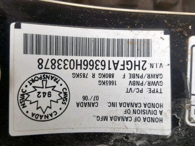 2HGFA16366H033878 - 2006 HONDA CIVIC DX V BLACK photo 10