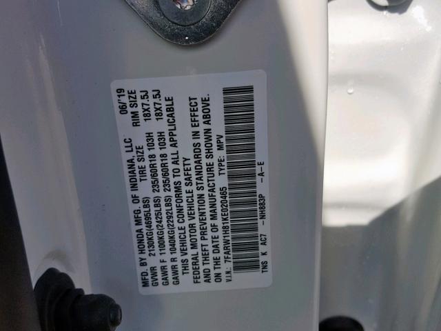 7FARW1H81KE020465 - 2019 HONDA CR-V EXL WHITE photo 10