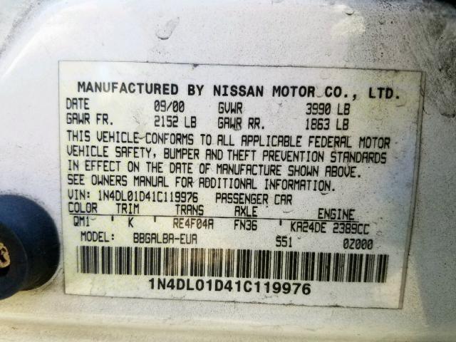 1N4DL01D41C119976 - 2001 NISSAN ALTIMA XE WHITE photo 10