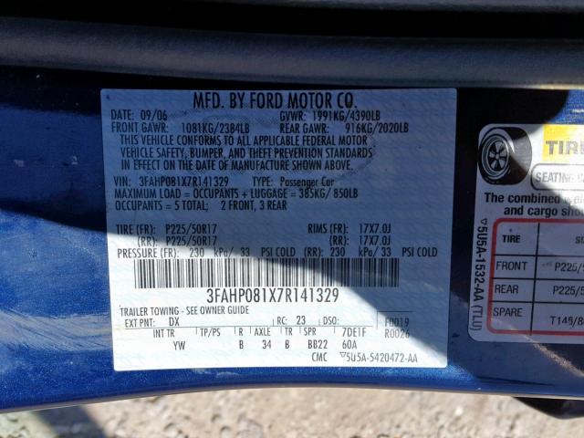 3FAHP081X7R141329 - 2007 FORD FUSION SEL BLUE photo 10