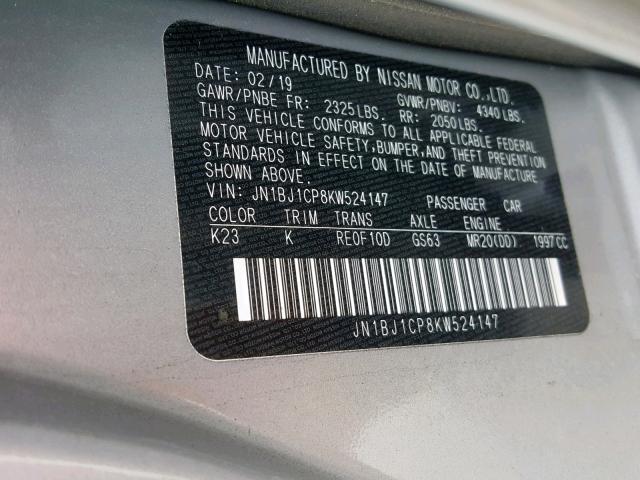 JN1BJ1CP8KW524147 - 2019 NISSAN ROGUE SPOR SILVER photo 10