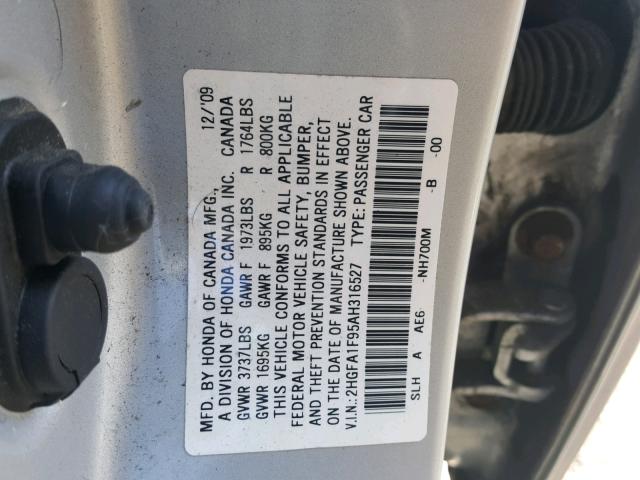 2HGFA1F95AH316527 - 2010 HONDA CIVIC EXL SILVER photo 10