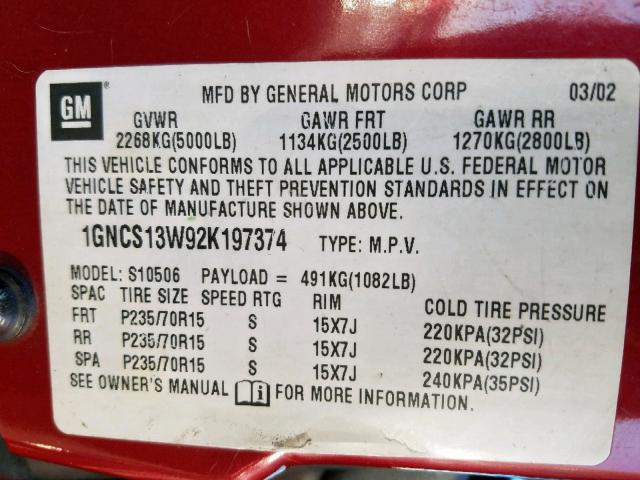 1GNCS13W92K197374 - 2002 CHEVROLET BLAZER RED photo 10