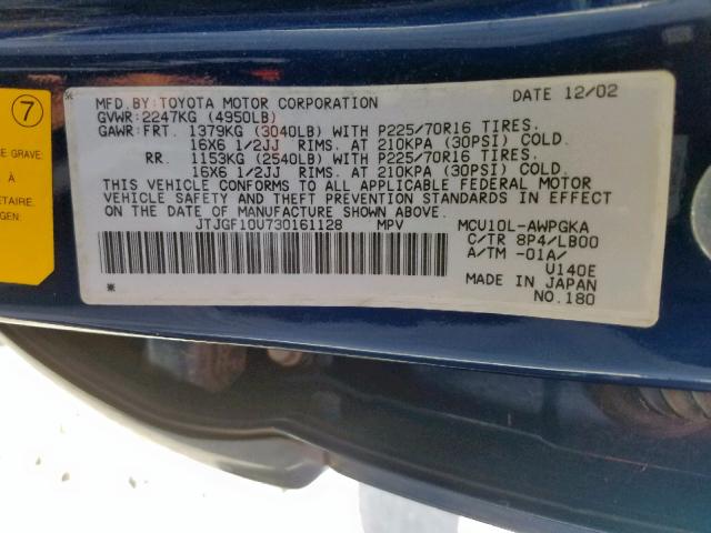 JTJGF10U730161128 - 2003 LEXUS RX 300 BLUE photo 10