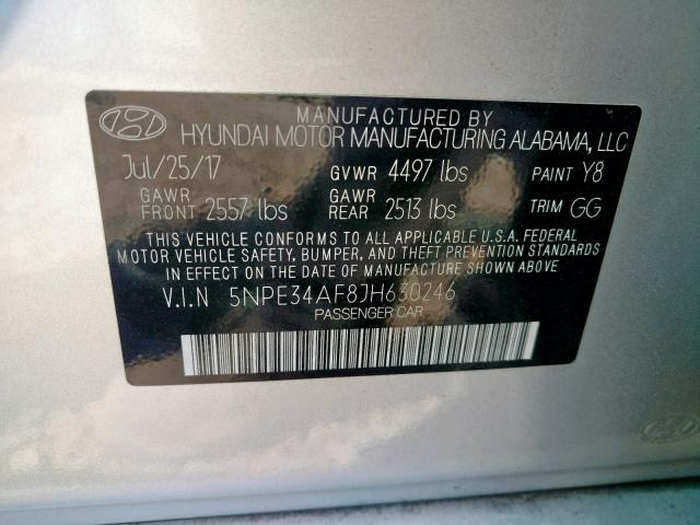 5NPE34AF8JH630246 - 2018 HYUNDAI SONATA SPO SILVER photo 10