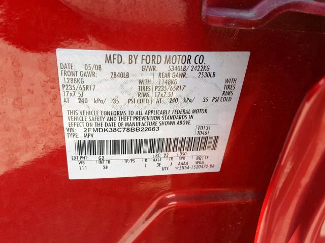 2FMDK38C78BB22663 - 2008 FORD EDGE SEL RED photo 10