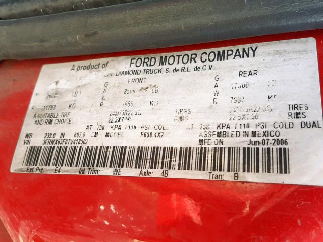 3FRNX65F07V418502 - 2007 FORD F650 SUPER RED photo 10