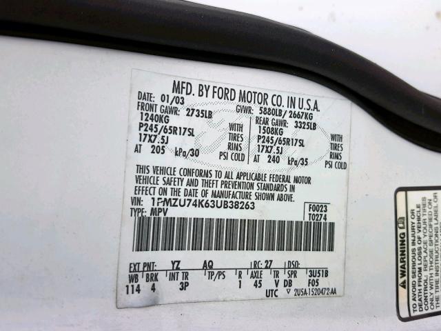 1FMZU74K63UB38263 - 2003 FORD EXPLORER E WHITE photo 10