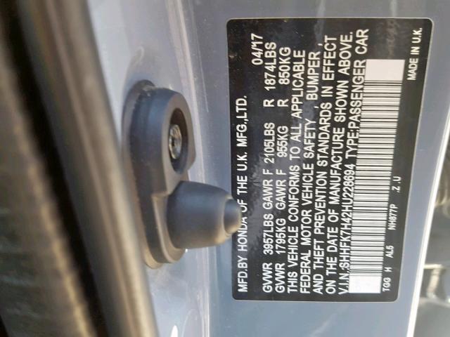 SHHFK7H42HU228694 - 2017 HONDA CIVIC SPOR GRAY photo 10