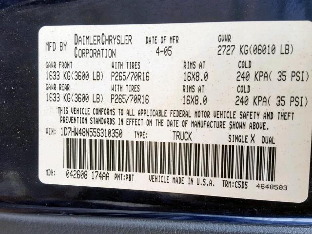 1D7HW48N55S310350 - 2005 DODGE DAKOTA QUA BLUE photo 10