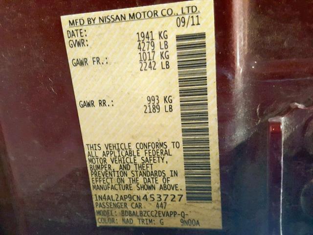 1N4AL2AP9CN453727 - 2012 NISSAN ALTIMA BAS BURGUNDY photo 10