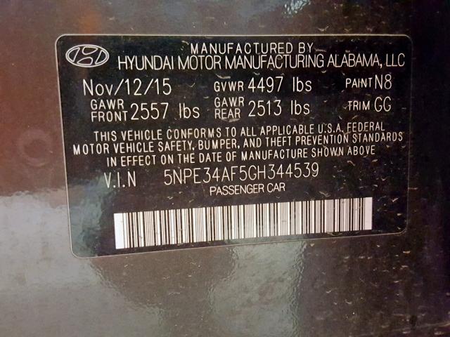 5NPE34AF5GH344539 - 2016 HYUNDAI SONATA SPO CHARCOAL photo 10