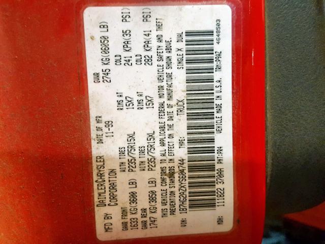 1B7HG2AZXYS604744 - 2000 DODGE DAKOTA QUA RED photo 10