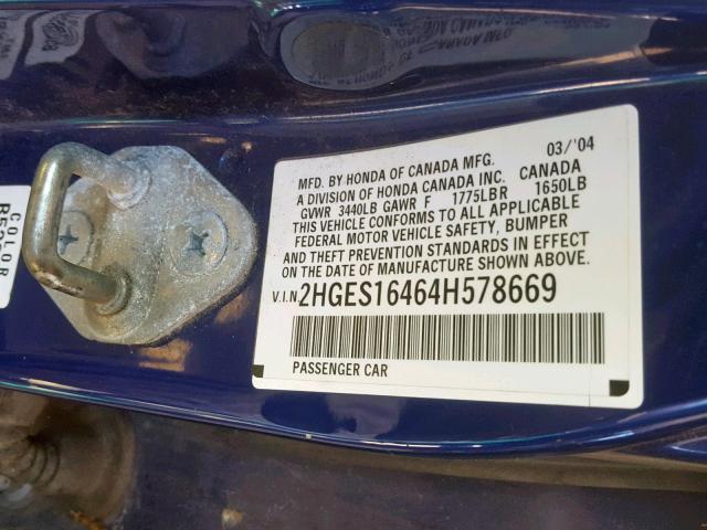 2HGES16464H578669 - 2004 HONDA CIVIC DX BLUE photo 10