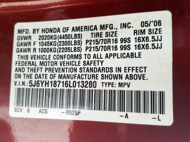 5J6YH18716L013280 - 2006 HONDA ELEMENT EX MAROON photo 10