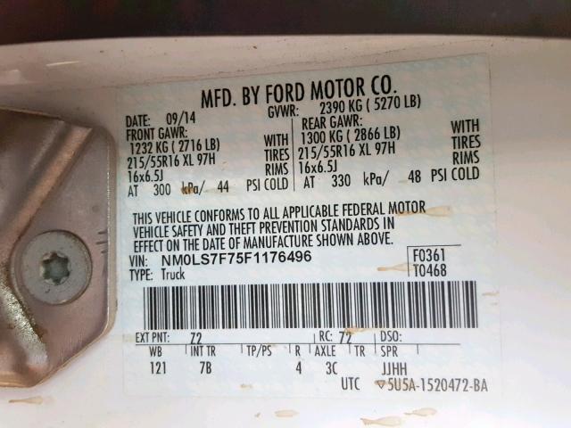 NM0LS7F75F1176496 - 2015 FORD TRANSIT CO WHITE photo 10