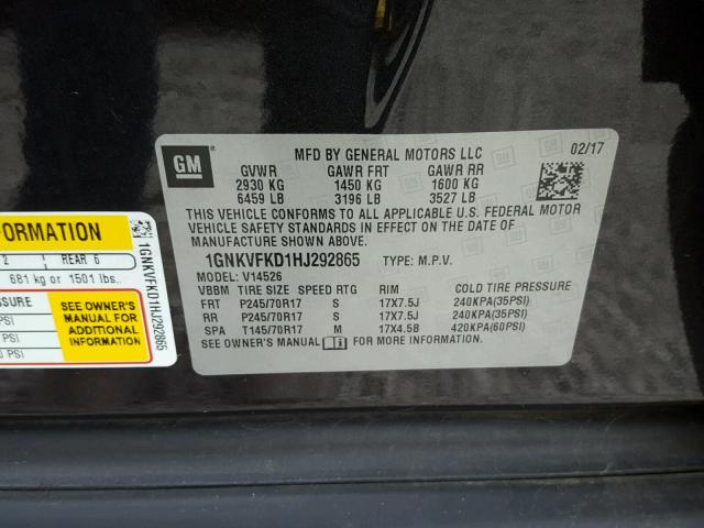 1GNKVFKD1HJ292865 - 2017 CHEVROLET TRAVERSE L GRAY photo 10