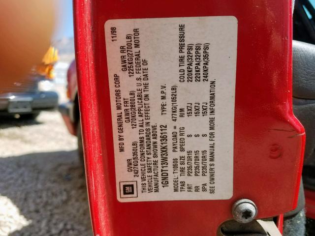 1GNDT13W3XK136112 - 1999 CHEVROLET BLAZER RED photo 10