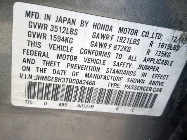 JHMGE8H37DC082468 - 2013 HONDA FIT GRAY photo 10