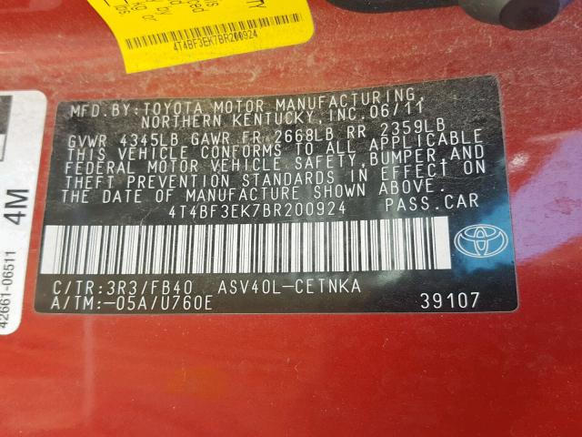 4T4BF3EK7BR200924 - 2011 TOYOTA CAMRY BASE RED photo 10