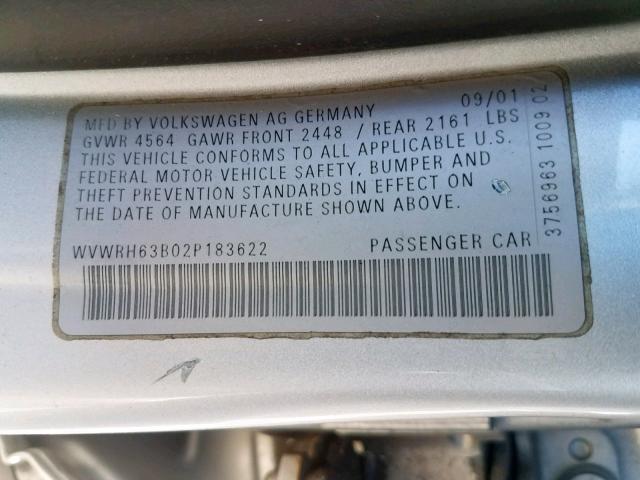 WVWRH63B02P183622 - 2002 VOLKSWAGEN PASSAT GLX 银色 照片 10