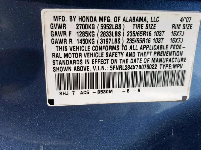 5FNRL384X7B076022 - 2007 HONDA ODYSSEY EX BLUE photo 10