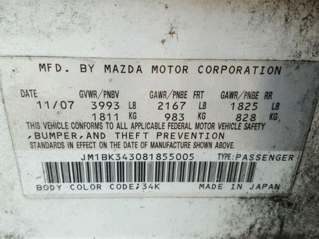 JM1BK343081855005 - 2008 MAZDA 3 HATCHBAC WHITE photo 10