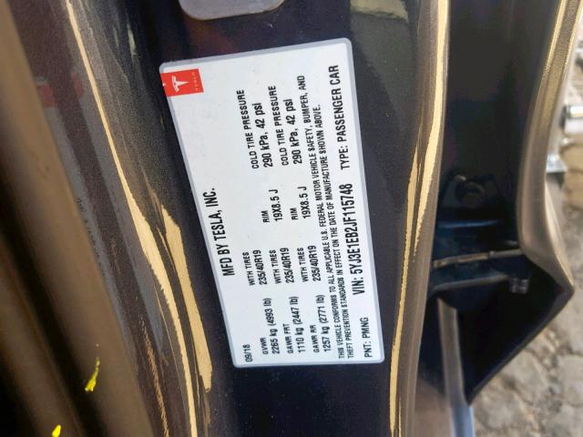 5YJ3E1EB2JF115748 - 2018 TESLA MODEL 3 GRAY photo 10