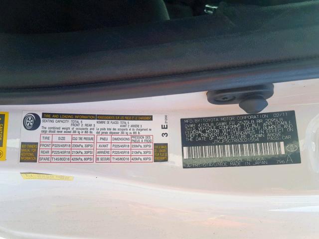 JTKJF5C7XB3021554 - 2011 TOYOTA SCION TC 白色 照片 10