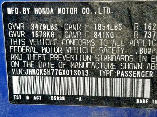 JHMGK5H77GX013013 - 2016 HONDA FIT EX BLUE photo 10