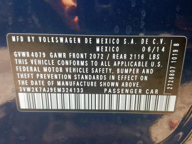 3VW2K7AJ9EM324133 - 2014 VOLKSWAGEN JETTA BASE BLUE photo 10