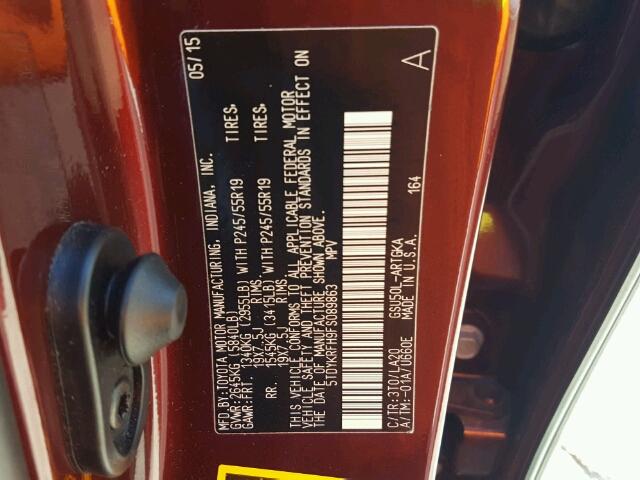 5TDYKRFH9FS089863 - 2015 TOYOTA HIGHLANDER BURGUNDY photo 10