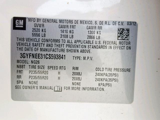 3GYFNEE31CS593841 - 2012 CADILLAC SRX PERFOR 白色 照片 10