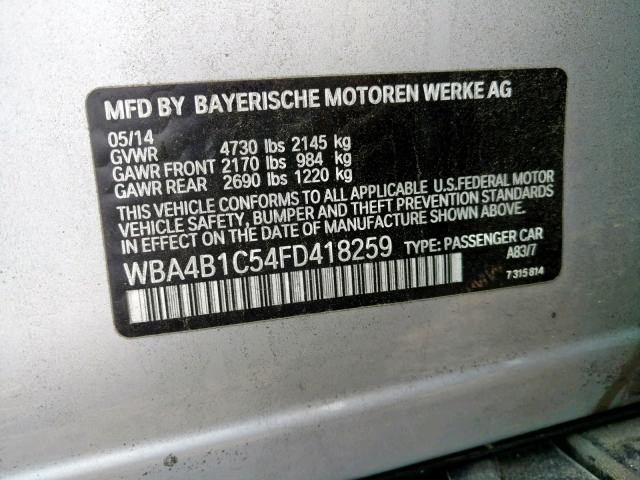 WBA4B1C54FD418259 - 2015 BMW 435 I SILVER photo 10