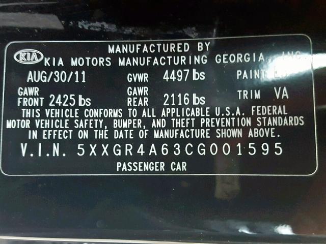 5XXGR4A63CG001595 - 2012 KIA OPTIMA SX BLACK photo 10