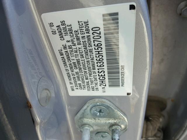 2HGES16365H567020 - 2005 HONDA CIVIC DX V SILVER photo 10