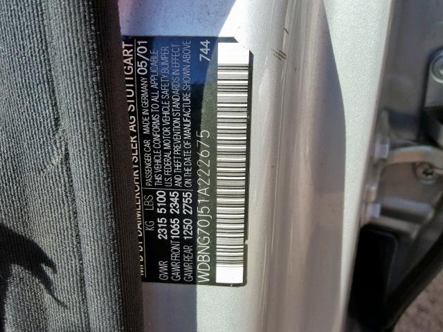WDBNG70J51A222675 - 2001 MERCEDES-BENZ S 430 SILVER photo 10