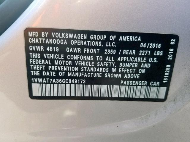 1VWAT7A36GC049173 - 2016 VOLKSWAGEN PASSAT SILVER photo 10